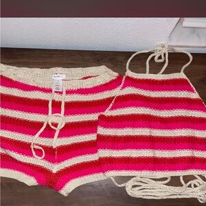 Striped Crochet Halter Top and Shorts Set